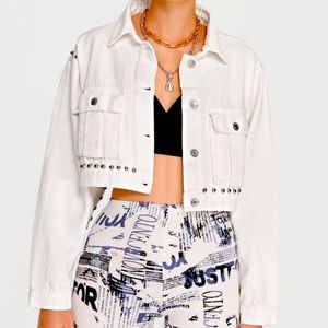 Studded Beaded Crop White Denim Jacket 